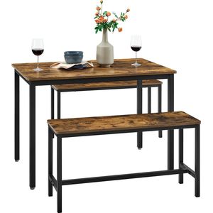 Signature Home Honfleur Eettafel - keukentafel set - met 2 banken - metalen frame - voor de keuken - woonkamer - eetkamer - industrieel design - vintage bruinzwart