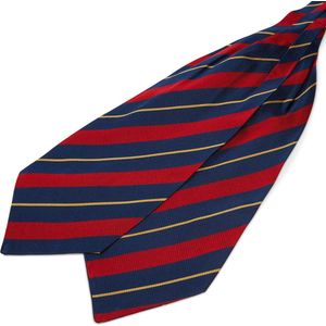 Gestreepte Rood & Marineblauwe Zijden Sjaaldas met Dunne Goudkleurige Accenten
