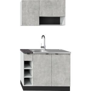 Keukenblok - Kleine Keuken Licht Grijs Betonlook - 100cm – Mini Keukenblok – Kitchenette met Gratis Franke Spoelbak – Goedkope Keukenkast - Keuken zonder apparatuur - ZA100BL