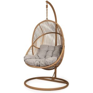 Luxe Hangstoel Havana - Bruin Wicker - Zwart Frame - Grijs kussen - Basketmaat 87*70*121cm - Voor Buiten en Binnen