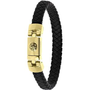 Lucardi Heren Armband zwart leer met leeuw - Leer - Armband - Cadeau - Vaderdag - 21 cm - Goudkleurig