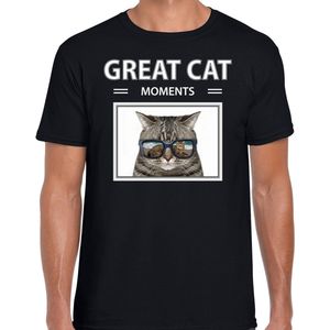 Dieren foto t-shirt grijze kat - zwart - heren - great cat moments - cadeau shirt katten liefhebber S