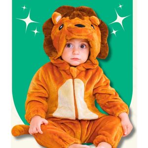 BoefieBoef Leeuw Bruin Dieren Onesie & Pyjama voor Baby & Dreumes en Peuter tm 18 maanden - Kinder Verkleedkleding - Dieren Kostuum Pak