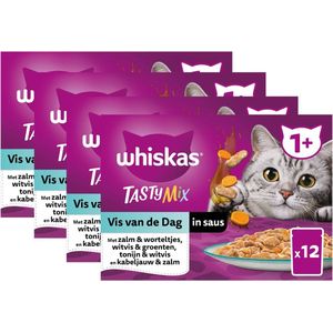 Whiskas 1+ - Tasty Mix - Kattenvoer Natvoer - Vis van de dag in saus - maaltijdzakjes 48 x 85 g