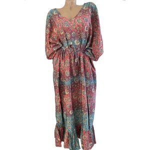 Kaftan - Zomerjurk - Ballonjurk van Viscose - Zijde met Paisleyprint l20CM One size roze/blauw