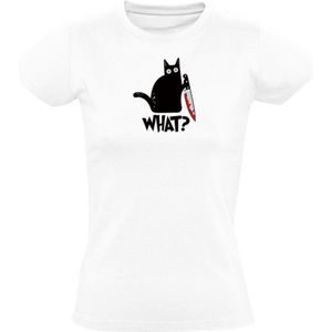 Zwarte kat met een bebloed mes Dames T-shirt - dieren - halloween - poes - duivel - bloed - cat - kitten - horror - huisdier - meme - humor - grappig