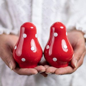 Polka Dot Stippen | Handgemaakt Handgeschilderde | Keramisch Peper- en Zoutstel | Schudbeker | Olieflesje Set | Houder met Rood en Wit
