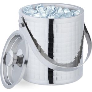 RVS dubbelwandige ijsblokjesemmer met deksel en handgreep - Groot 15 liter luxe metalen ijsemmer - Zilver Ijsemmer dubbelwandig met deksel