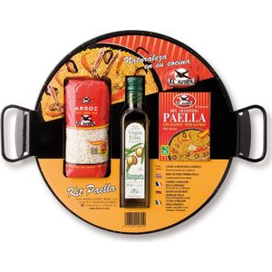 PAELLA PAN KIT VOOR STARTERS  6 PERSOONEN UIT VALENCIA, met paella met rijstzakje 500 g + extra vergine olijfolie fles 250 ml + kruiden voor paella met saffraan potje 3 sachets 3 gingredienten. Het perfecte en originele cadeau uit VALENCIA