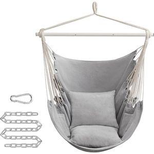 Hangstoel, hangschommel, hangstoel met 2 kussens, metalen ketting, belastbaar tot 150 kg, binnen en buiten, woonkamer, slaapkamer, duifgrijs