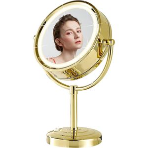Make-up Spiegel Staand LED Verlichting 3 Kleuren - Vergrotingsspiegel 1x/5x - Goud - Tafelspiegel Verlichting - 360° Draaibare Dubbelzijdige Spiegel Ø 215 cm