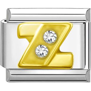 Quiges - Schakel - Bedel - 9mm - charms - Goud - Zirkonia - alfabet - letter Z - Geschikt voor - Nomination- armband - Schakelarmband - italy bedels armband
