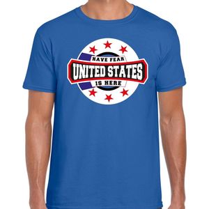 Have fear United States is here t-shirt met sterren embleem in de kleuren van de Amerikaanse vlag - blauw - heren - Amerika supporter / Amerikaans elftal fan shirt / EK / WK / kleding M