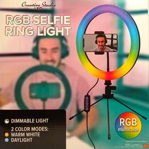 Creative Studio RGB Selfie ring light 650 Lumen 1 meter lange USB kabel houder voor telefoon binnen de ring van 28,5 cm 10 watt Ringlamp verlichting dus altijd goed verlicht tijdens het vloggen of fotograferen- selfie.