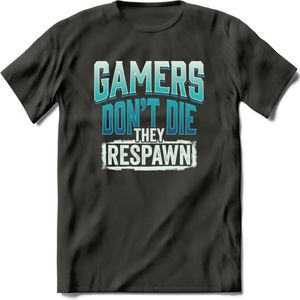 Gamers don't die T-shirt | Blauw | Gaming kleding | Grappig game verjaardag cadeau shirt Heren – Dames – Unisex | - Donker Grijs - 3XL