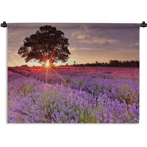 Wandkleed De lavendel - De zon tussen boom op lavendelveld Wandkleed katoen 60x45 cm - Wandtapijt met foto