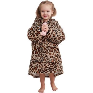 Fleece kinder poncho - plaid met mouwen en capuchon voor kinderen - oversized hoodie kind - hoodie plaid voor kinderen - fleece deken met mouwen – hoodie blanket - TV deken �– zacht & warm - maat 116 t/m 134 - leopard