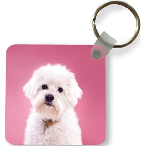 Sleutelhanger - Maltezer hond met een roze achtergrond - Plastic - Rond - Uitdeelcadeautjes