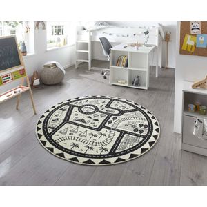 Rond kindervloerkleed - Landscapes crème/zwart 160 cm rond