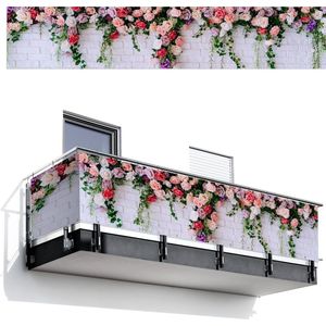 Balkonscherm 500x100 cm - Balkonposter Bloemen - Roze - Planten - Wit - Muur - Balkon scherm decoratie - Balkonschermen - Balkondoek zonnescherm