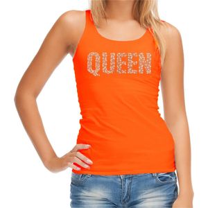 Glitter Queen tanktop oranje met steentjes/ rhinestones voor dames - Glitter kleding/ foute party outfit - EK/WK / Koningsdag M