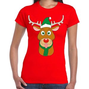 Foute Kerst t-shirt met Rudolf het rendier met groene kerstmuts rood voor dames S