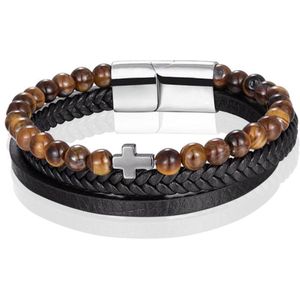 Heren armband Memphis Tijgeroog  kraal gevlochten leer Kruis Zilverkleurig Bruin Zwart - 21cm