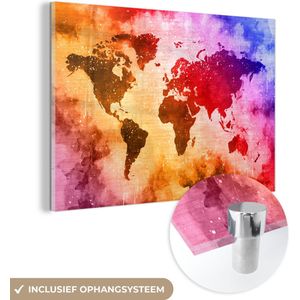 MuchoWow® Glasschilderij 60x40 cm - Schilderij glas - Wereldkaart - Verf - Kleuren - Foto op acrylglas - Schilderijen