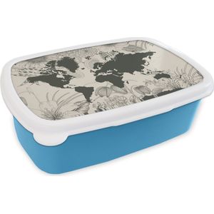Broodtrommel Blauw - Lunchbox - Brooddoos - Wereldkaart - Bloemen - Grijs - 18x12x6 cm - Kinderen - Jongen