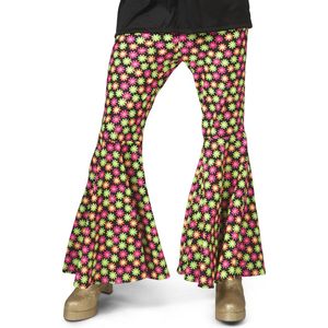 Funny Fashion - Hippie Kostuum - Fluor Flower Power Goes Disco Broek Man - Geel, Roze - Maat 48-50 - Carnavalskleding - Verkleedkleding