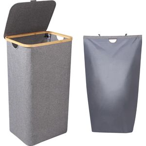 Wasmand met deksel, 100 l, wasmand, grijs, met afneembare waszak, opvouwbare wasverzamelaar, smal, wasbox, laundry basket voor kleding, dekens, lakens, speelgoed