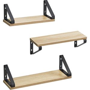 Wandrek, zwevende plank, set van 3, plank, 2 montagemogelijkheden, rek voor presentatie, voor woonkamer, keuken, werkkamer, badkamer, eikenkleurig zwart