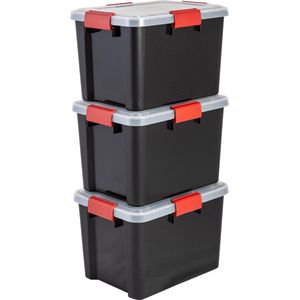 IRIS Airtight Box Opbergbox - 20L - Kunststof - Zwart/Rood - Set van 3