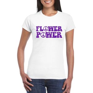 Toppers Wit Flower Power t-shirt peace tekens met paarse letters dames - Sixties/jaren 60 kleding XXL