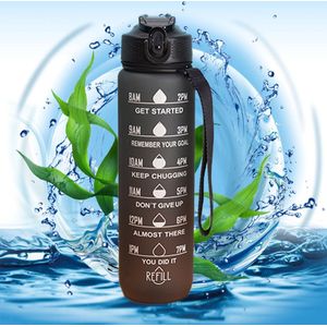 Motivatie drinkfles voor water - 1 Liter - Met motiverende markers - BPA-vrij - Inclusief rietje - Zwart