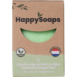 HappySoaps Gezichtsreiniger Bar & Make-up Remover - Tea Tree & Pepermunt - Fris & Krachtig - 100% Plasticvrij, Vegan & Natuurlijk - 70gr
