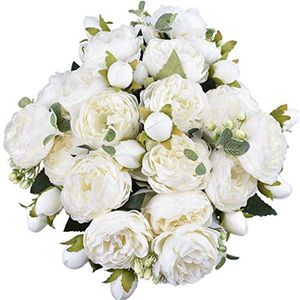 XONOR 4 stuks kunstmatige pioen zijden bloemen nep glorieuze boeketten voor bruiloft bruiloft decoratie, 5 vorken, 9 hoofden (wit)