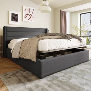Sweiko Hydraulisch tweepersoonsbed 160x200cm, houten lattenbod, bed met metalen frame lattenbod, Llinnen, Grijs