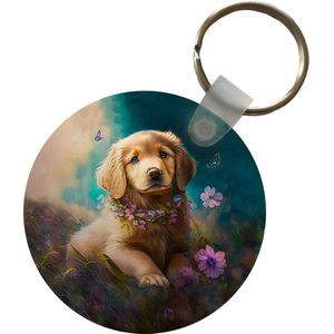 Sleutelhanger - Puppy - Bloemenkrans - Vlinder - Hond - Golden retriever - Plastic - Rond - Uitdeelcadeautjes