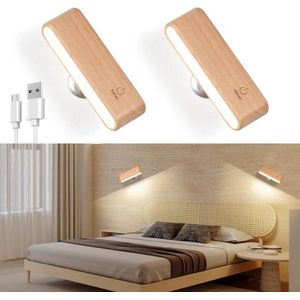 Set van 2 draadloze houten wandlampen - oplaadbaar en verstelbare helderheid - beige