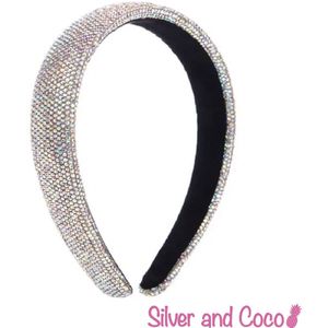 SilverAndCoco - Glitter Haarband Zilver / Dikke Hoofdband met Glitters Steentjes / Glamour Diadeem Diamantjes Dames / Zilveren Rhinestones Kerst Feest Oud en Nieuw Haarbanden Diamand Breed