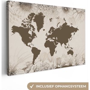 Canvas Wereldkaart - 120x80 - Wanddecoratie Wereldkaart - Vintage - Bloemen