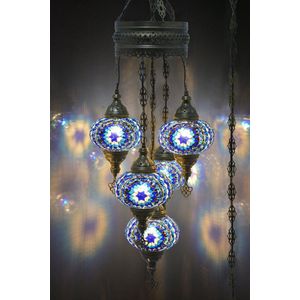 5 globe bollen Turkse hanglamp Oosterse kroonluchter blauw mozaïek glas