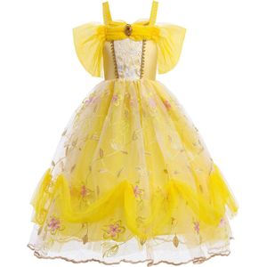 Prinses - Luxe prinses Belle jurk - Prinsessenjurk - Verkleedkleding - Goud - Maat 134/140 (8/9 jaar)