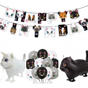 21-delige set Cats Black and White met slinger en diverse ballonnen - kat - poes - slinger - ballon - decoratie - huisdier