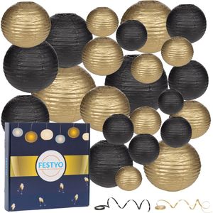 Festyo 24 stuks (!) Lampionnen Set - Zwart en chique Goud -Feest Versiering - Jubileum, Bruiloft, Gala, Decoratie - Verjaardag & Oud en Nieuw - Versiering Zwart & Goud - Lampion