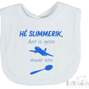 Soft Touch Slabber Slabbetje Slab ""He slimmerik, dat is geen vliegtuig maar een lepel"" Unisex Katoen Wit/blauw Maat 33x22 Cm