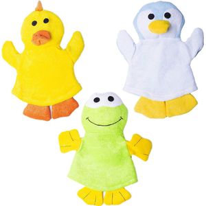 Set van 3 washandjes bestaande uit eend, pinguïn, kikker, washandje en handpop met dierenmotieven - badplezier voor baby's en kinderen vanaf 0 jaar (incl. mini babycadeau) - kinderwashandje zacht