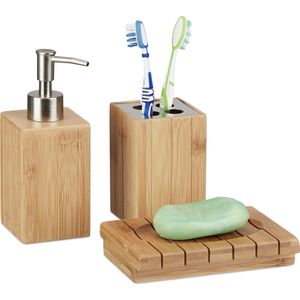 Relaxdays badkameraccessoires bamboe - 3-delige badkamerset - zeeppompje - bekertje hout