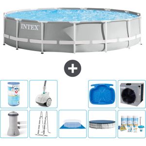 Intex Rond Prism Frame Zwembad - 457 x 107 cm - Grijs - Inclusief Pomp - Ladder - Grondzeil - Afdekzeil Onderhoudspakket - Filter - Stofzuiger - Voetenbad - Warmtepomp